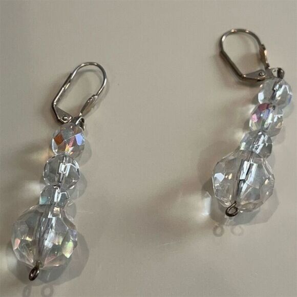 Vintage Aurora Borealis Crystal Dangle Earrings Silver-Tone 2" Latch Backs - Picture 1 of 6